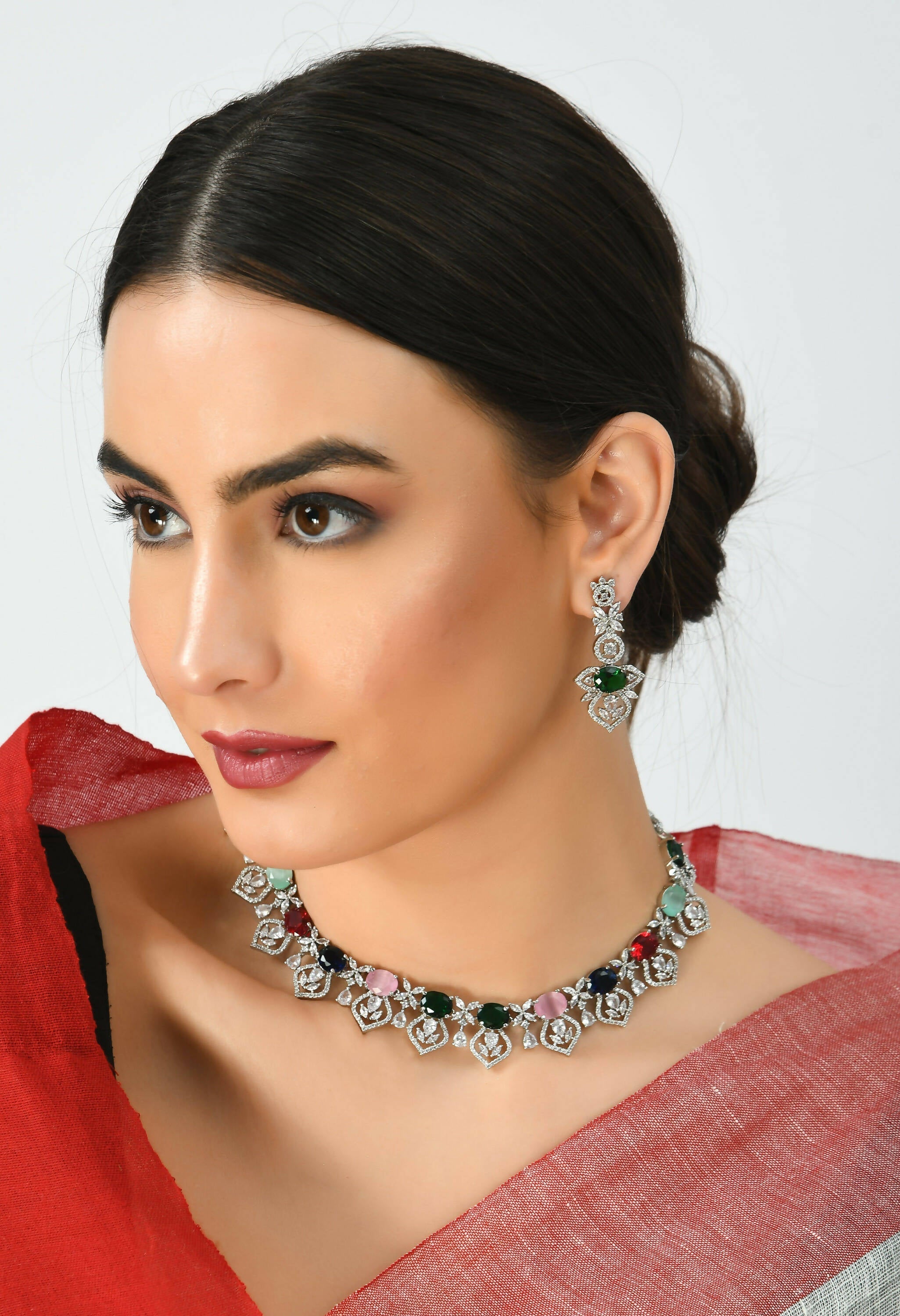 Mominos Fashion Johar Kamal Silver-Plated American Diamond Multi Colour Choker Set | Grocsy