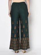 Aniyah Rayon Bottle Green Color Block Print Flared Slip-On Palazzo (AN-219K) | Grocsy