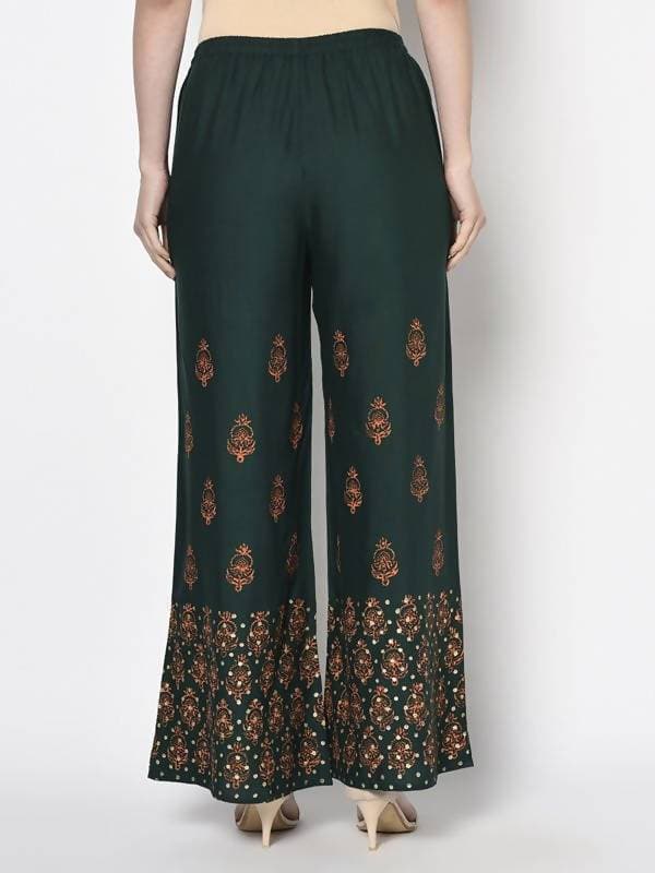 Aniyah Rayon Bottle Green Color Block Print Flared Slip-On Palazzo (AN-219K) | Grocsy