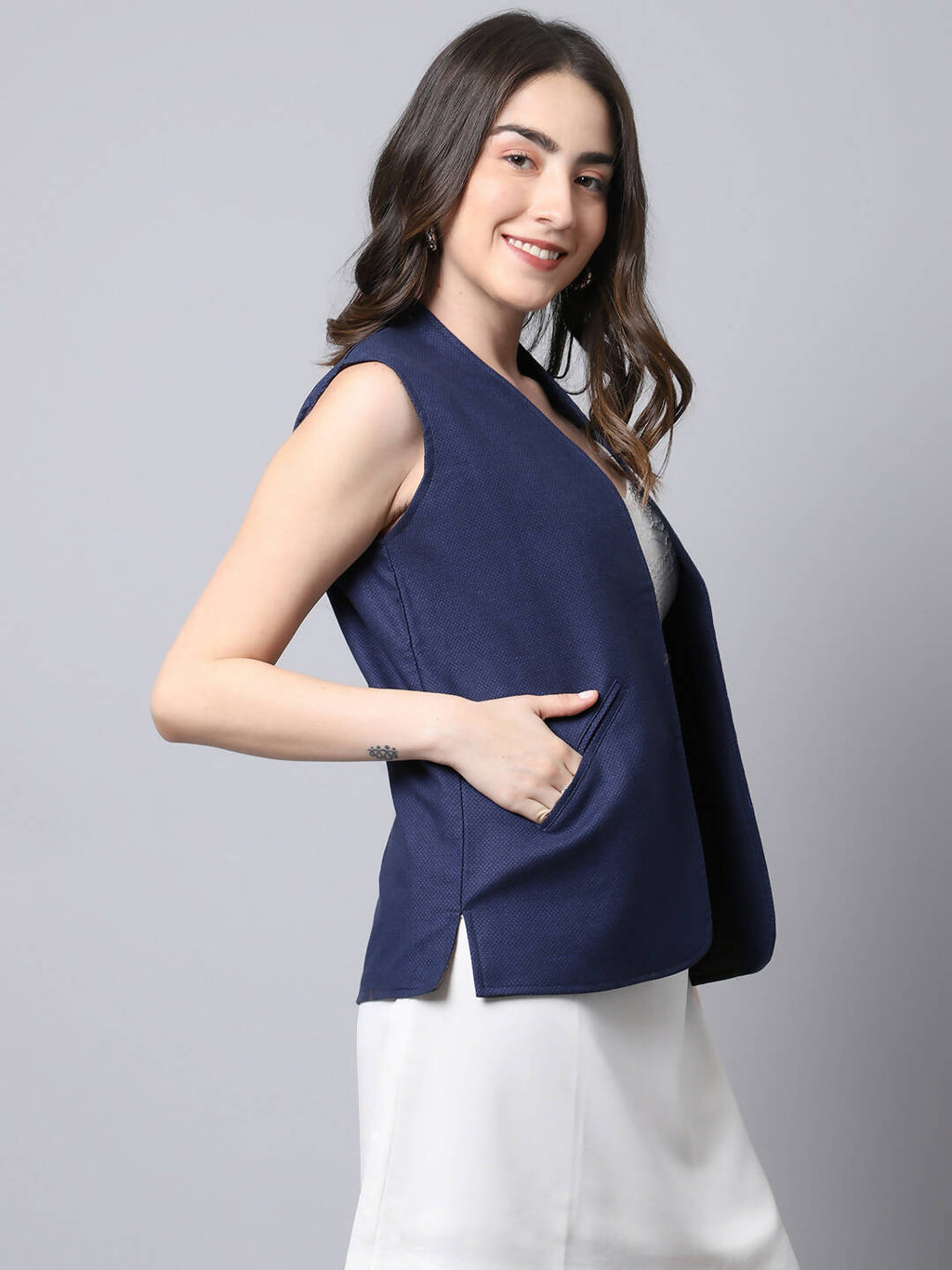 Even Apparels Navy Polywool Open Front Women's Waistcoat | Grocsy