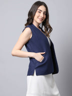 Even Apparels Navy Polywool Open Front Women's Waistcoat | Grocsy