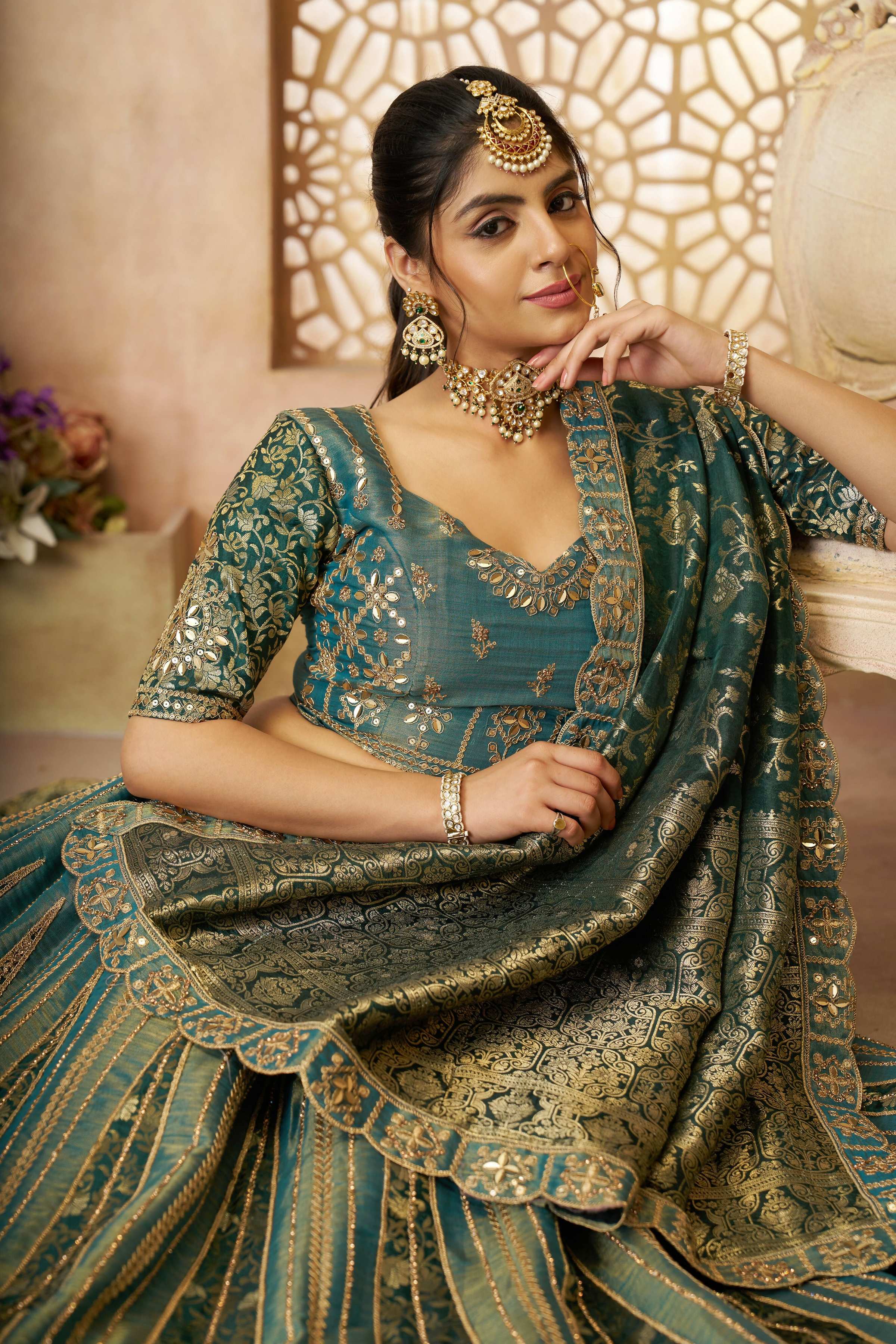 Kesar Fab Green Net Hand_Woven Lehenga | Grocsy