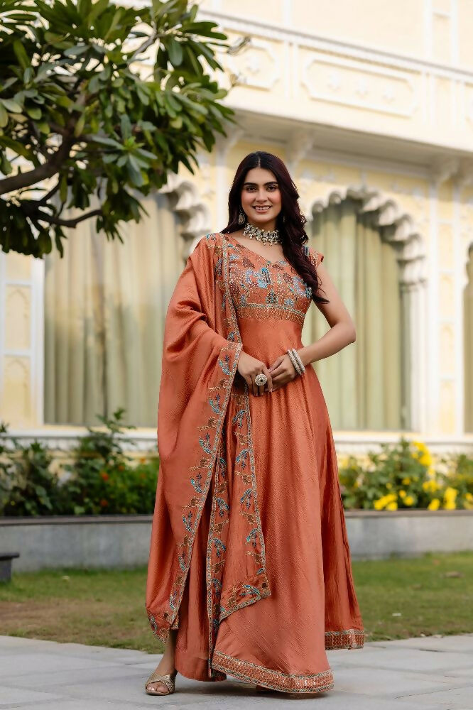 Teeya Creation Orange Color Vichitra Silk Designer Party Wear long Gown | Grocsy