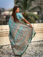 Blue Pashmina Silk Wevon Kashmiri Meenakari Designer Saree with Unstitched Blouse - Vandini | Grocsy