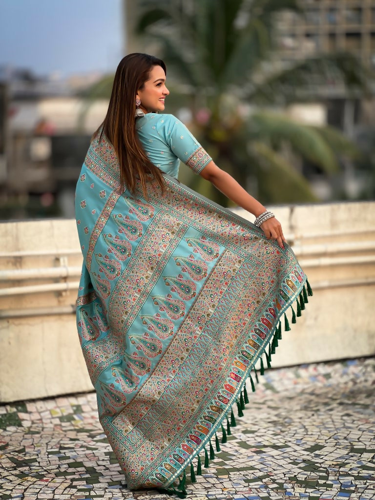 Blue Pashmina Silk Wevon Kashmiri Meenakari Designer Saree with Unstitched Blouse - Vandini | Grocsy