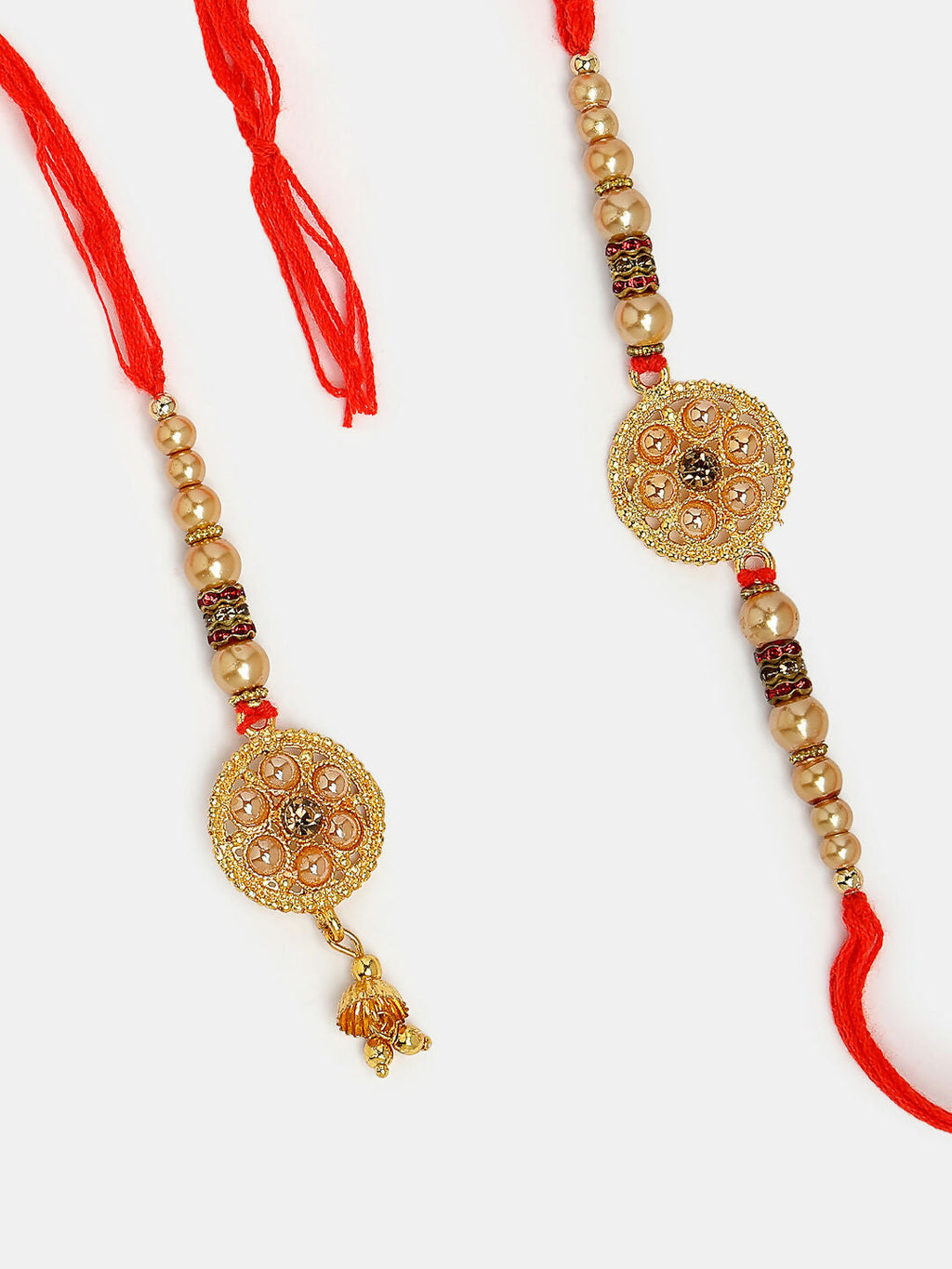 NVR Women & Men Set of 2 Gold-Toned Stone-Studded & Beaded Bhaiya Bhabi Rakhi With Roli Chawal | Grocsy