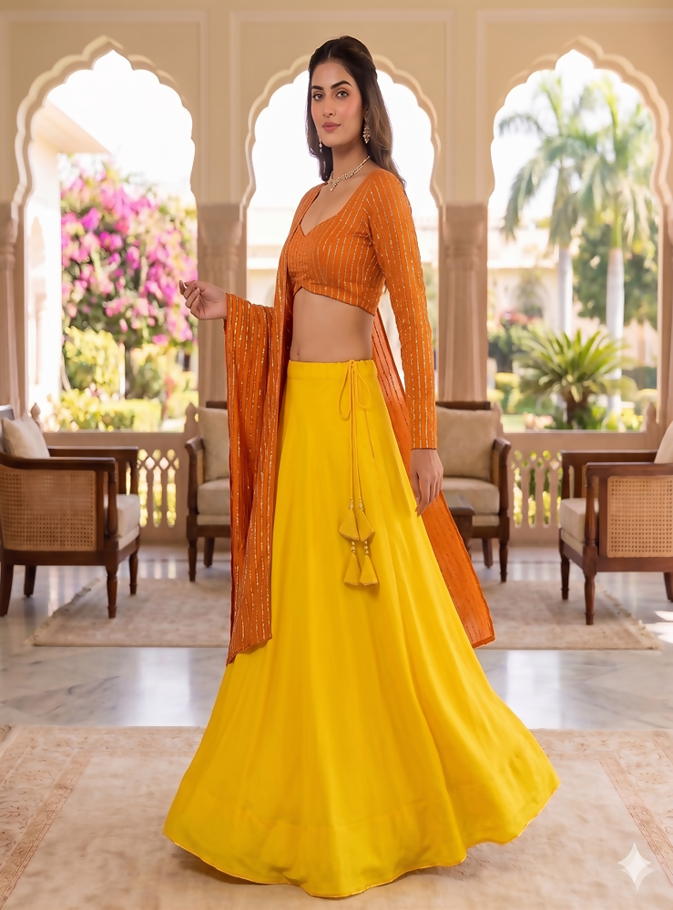 Teeya Creation Women's New Orange Designer Lehenga Choli Set with Sequin Embroidery Work | Grocsy