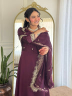 The52 Wine Women's Gorgeous Vichitra Silk Fabric Embroidered Work Flared Anarkali Pant and Dupatta Set | Grocsy
