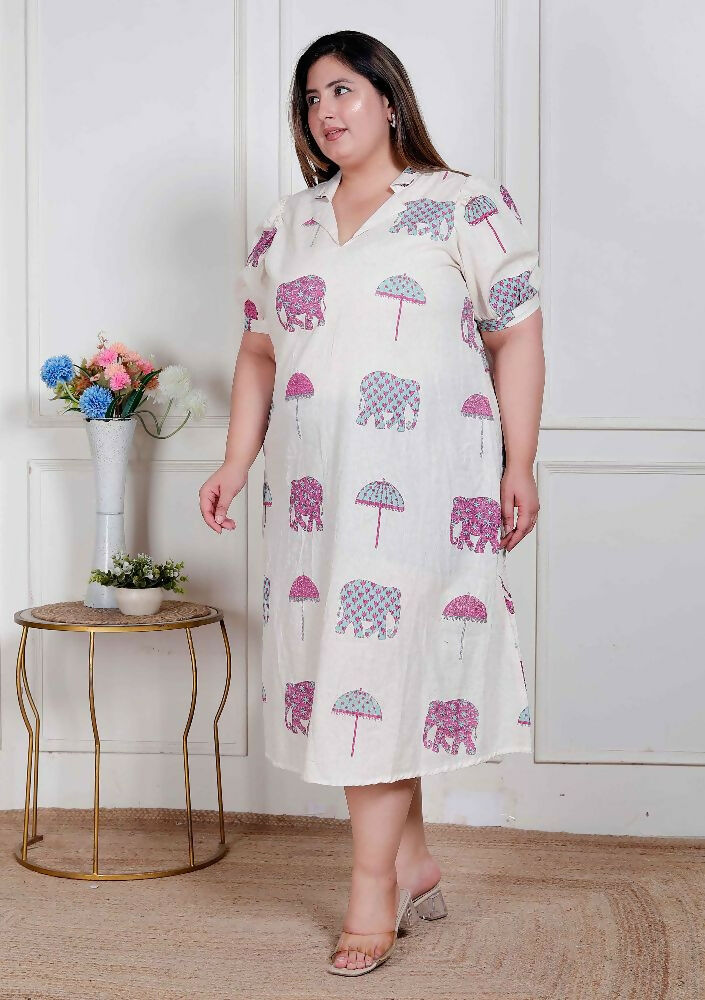 Miravan Plus Size Womens Flex Cotton Short Sleeve Off White Animal Print A-Line Maxi Dress | Grocsy