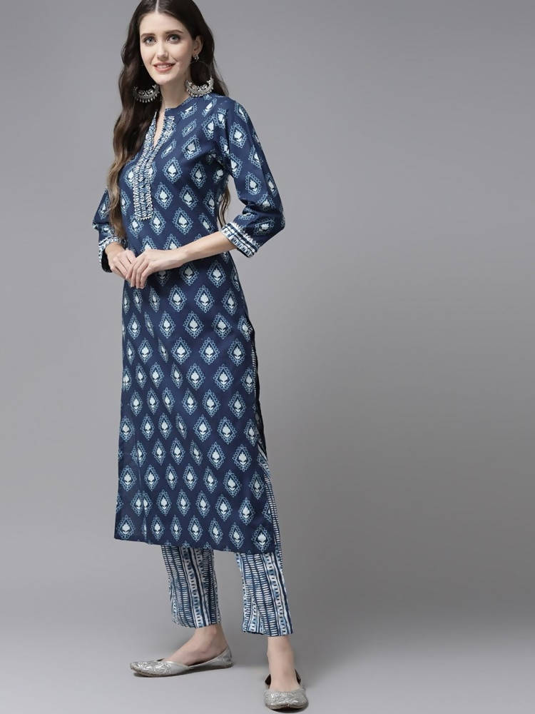 Yufta Women Blue & White Printed Pure Cotton Kurta with Trouser & Dupatta | Grocsy
