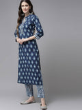 Yufta Women Blue & White Printed Pure Cotton Kurta with Trouser & Dupatta | Grocsy