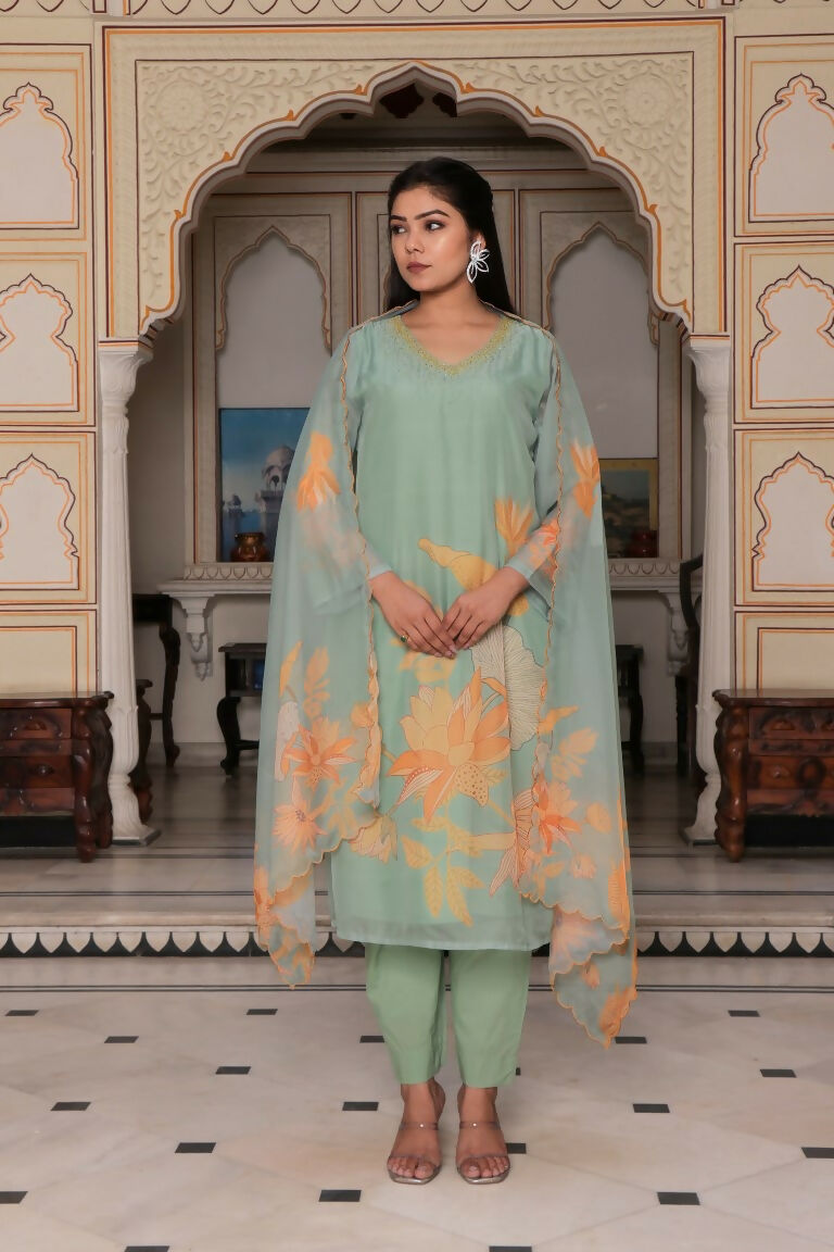 Vaasva Women Teal Green Tabby Slik Print & Embroidered Kurta, Pant & Dupatta set | Grocsy