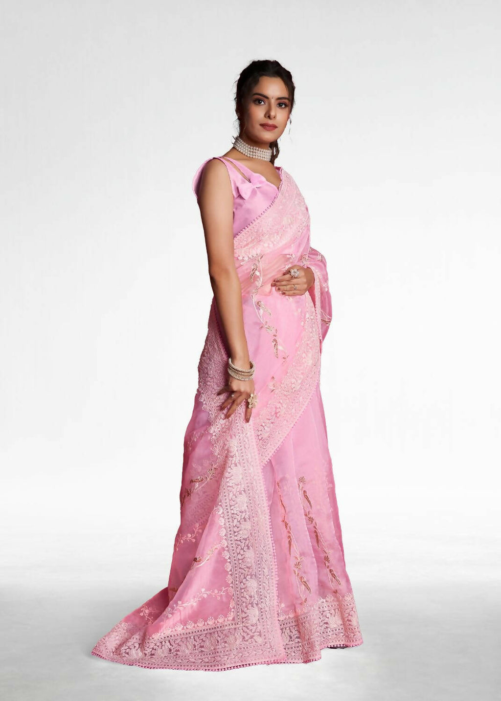 Vamsee Pink Organza Saree | Grocsy