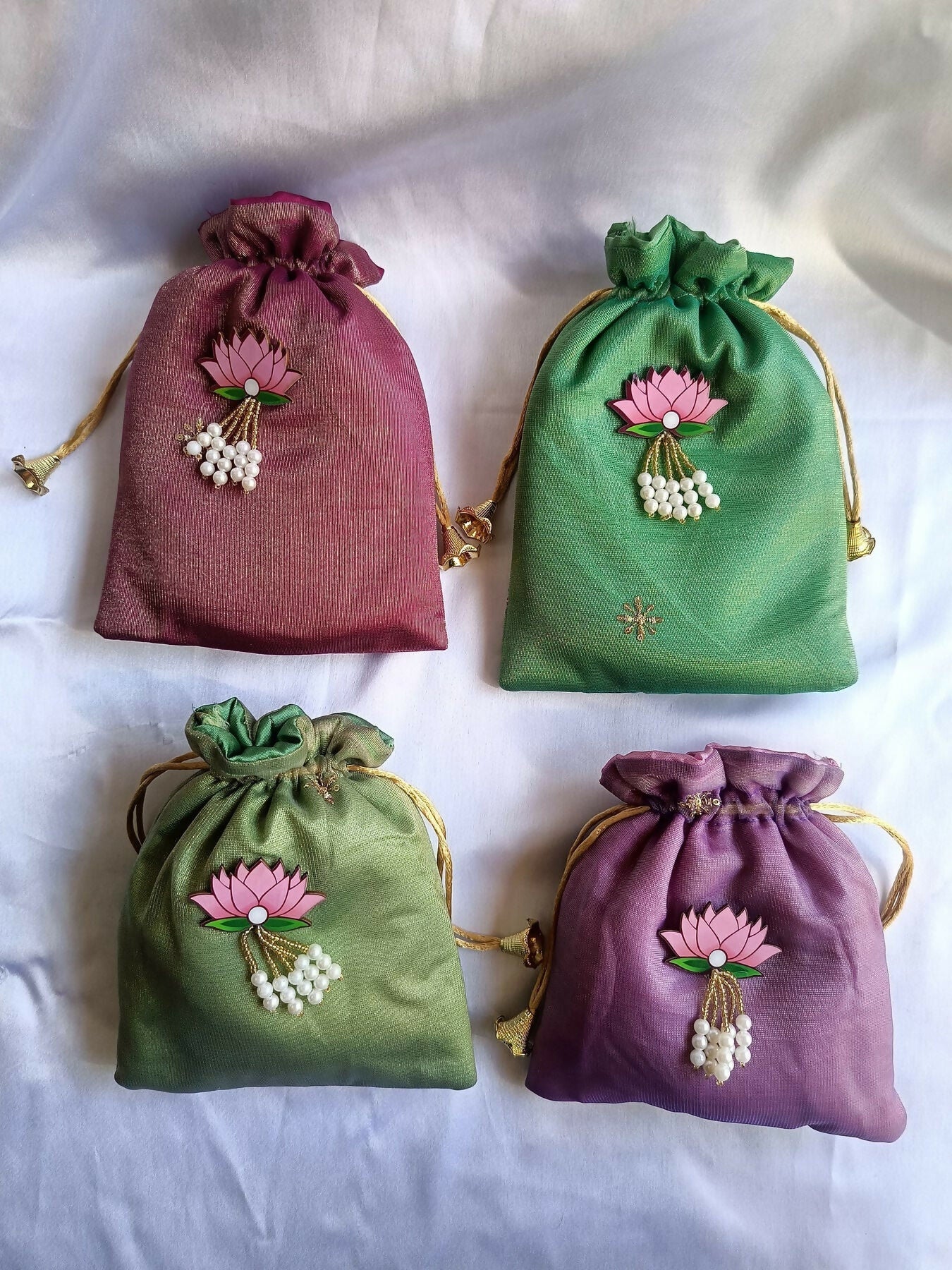 Joban Fashion 6*8 Inch Lotus Designer Potli Bags For Giveaways ( Pack Of 4 ) - Multicolor | Grocsy