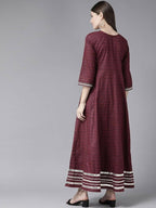 Yufta Women Maroon Geometric Printed Bell Sleeves Mirror Work Cotton Kurta | Grocsy