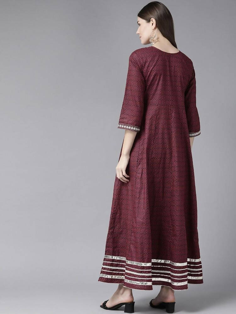 Yufta Women Maroon Geometric Printed Bell Sleeves Mirror Work Cotton Kurta | Grocsy