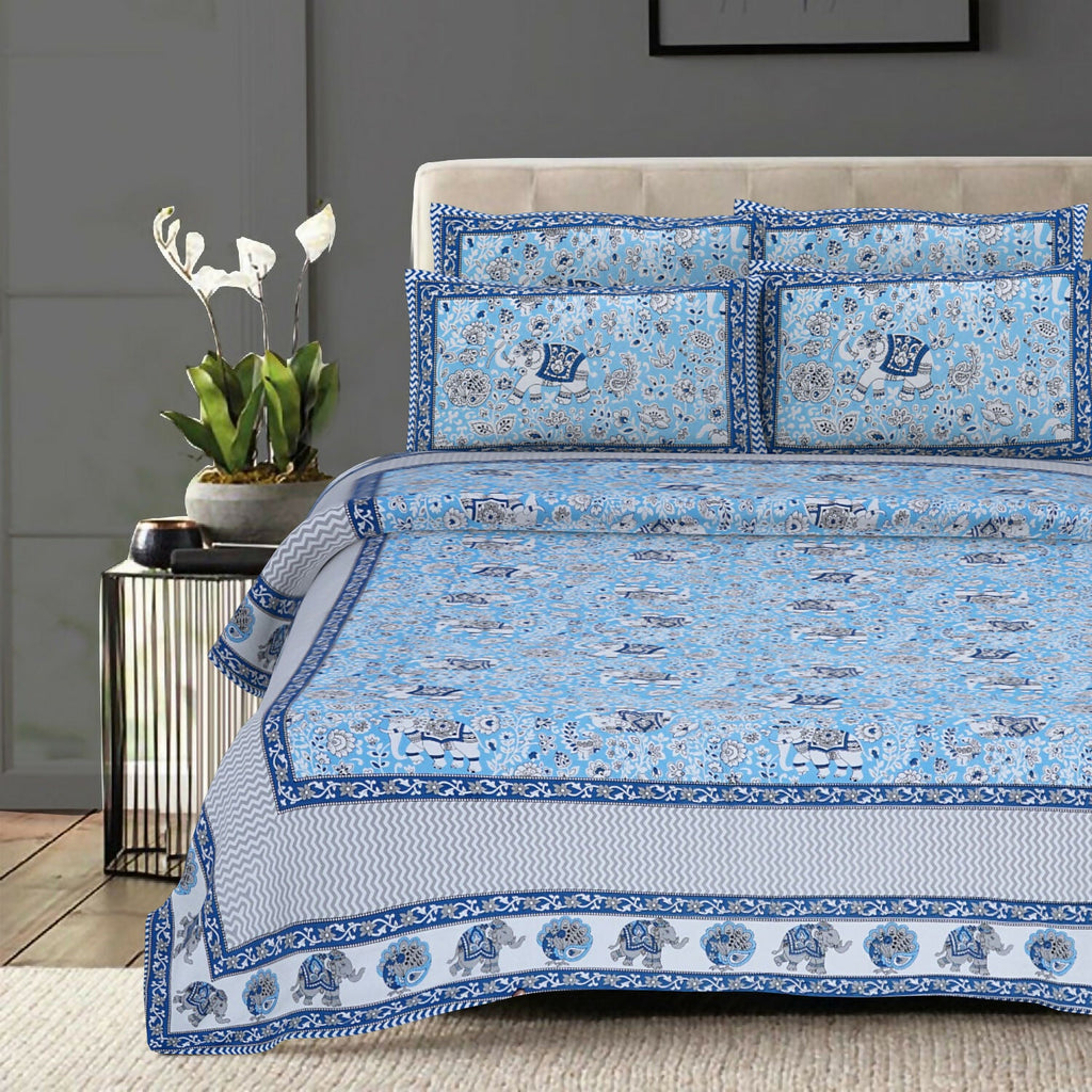 Rudra Bazaar Blue 210 TC Cotton Double King Bedsheet With 2 Pillow Covers | Grocsy