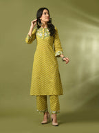 Myshka Women's Yellow Printed Cotton Straight Party Kurta Set | Grocsy