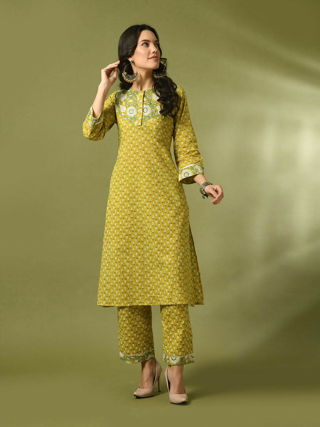 Myshka Women's Yellow Printed Cotton Straight Party Kurta Set | Grocsy