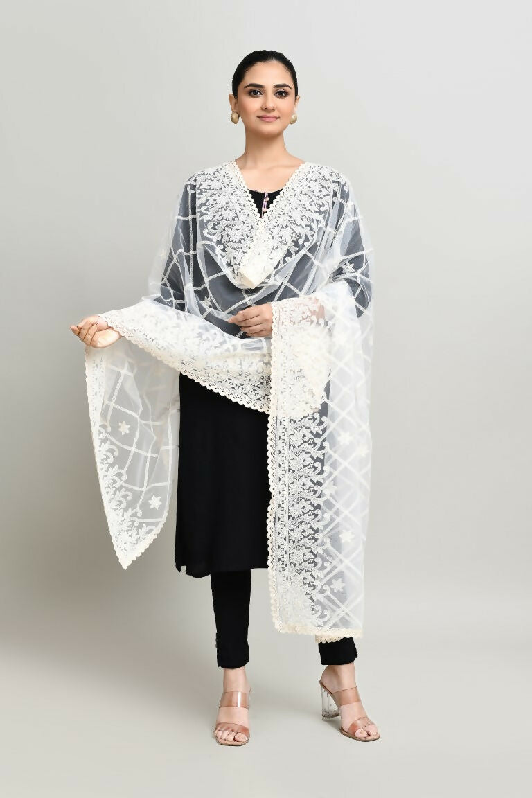 Joban Fashion White Cotton Embroidery Work Pakistani Karanchi Dupatta | Grocsy