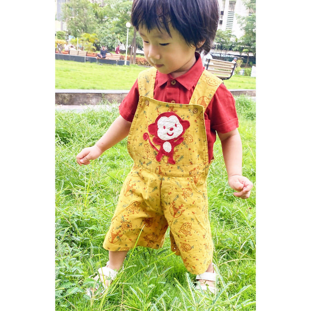 Mhyssa Yellow Dungaree With Round Neck Half Sleeves Maroon Shirt Set | Grocsy