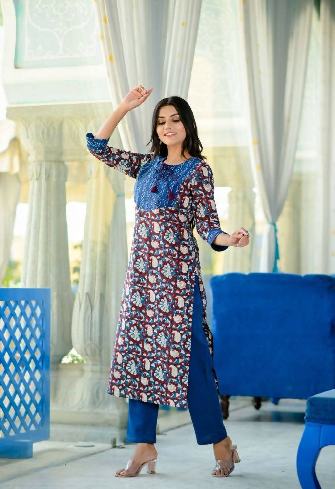 Yufta Women Blue Floral Printed Regular Pure Cotton Kurta with Trouser | Grocsy