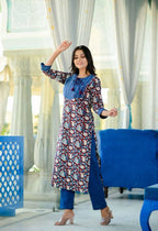 Yufta Women Blue Floral Printed Regular Pure Cotton Kurta with Trouser | Grocsy