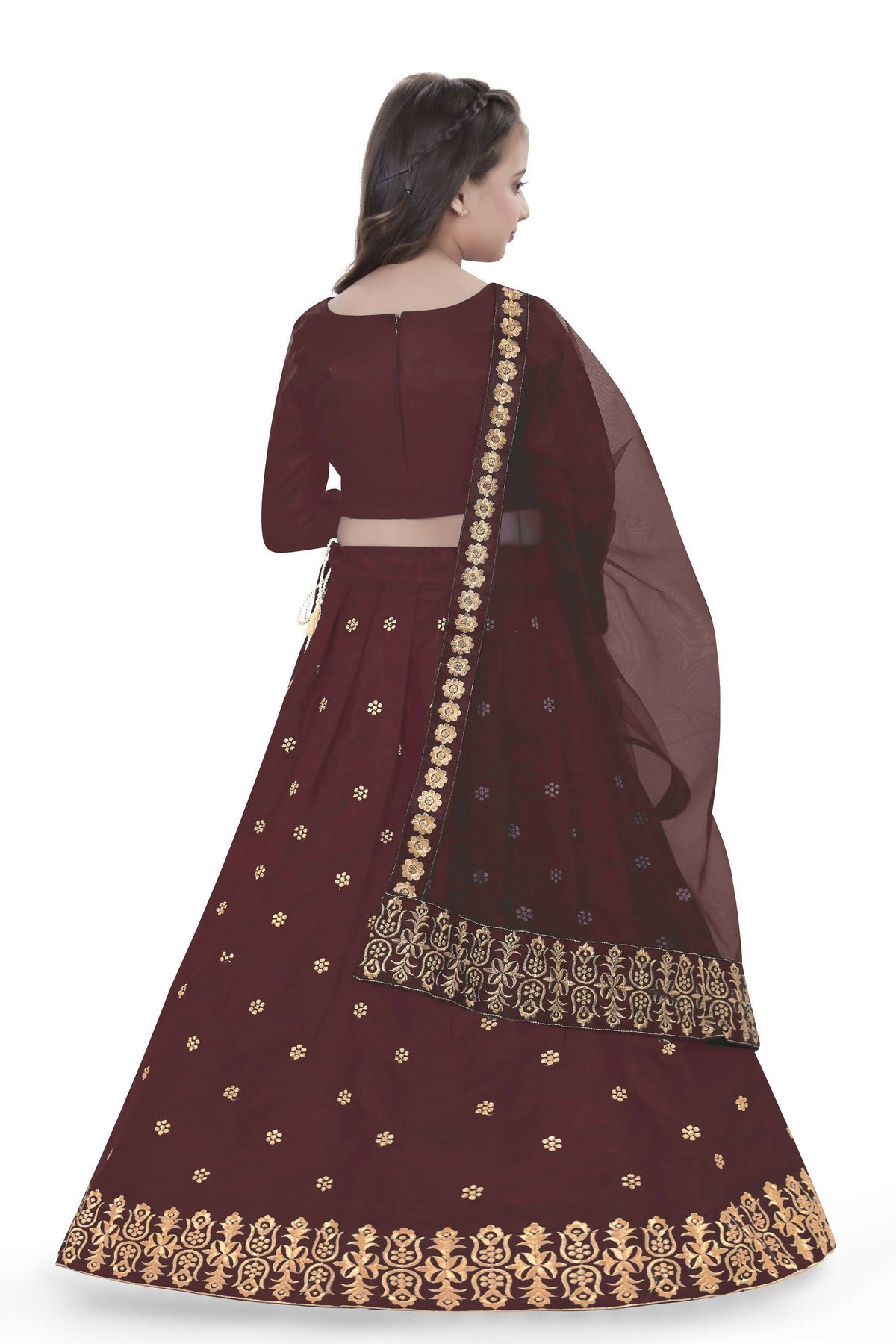 Dwiden Maroon Queen Tafetta Sattin Semi-Stitched Girl's Lehenga Choli | Grocsy