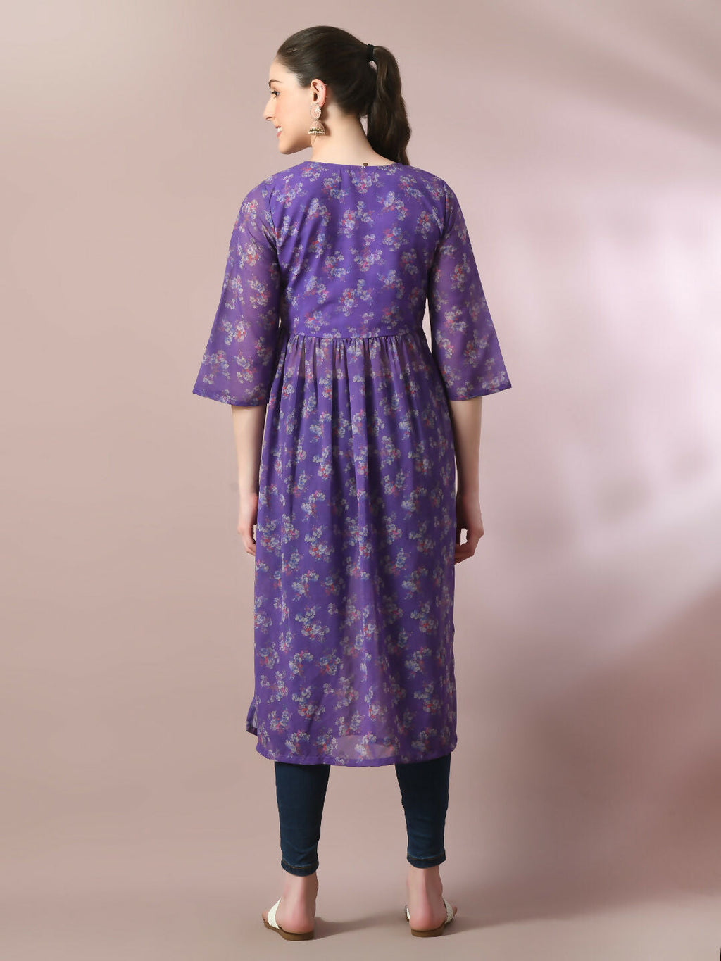 Myshka Women's Purple Printed Georgette A-Line Nyra-cut Kurta | Grocsy