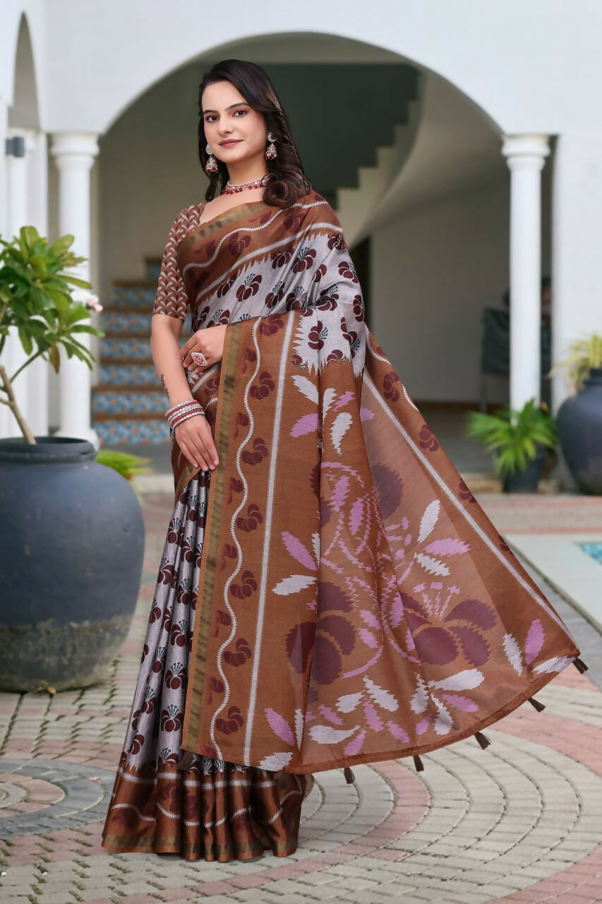 Prime Volt Women's Brown Printed Mal Cotton Saree with Designer Blouse Piece | Grocsy