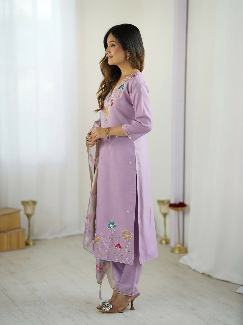 The52 Lavender Women's Gorgeous Embroidered work Viscose Gadhwal Fabric Straight Kurta, Pant and Dupatta Set | Grocsy