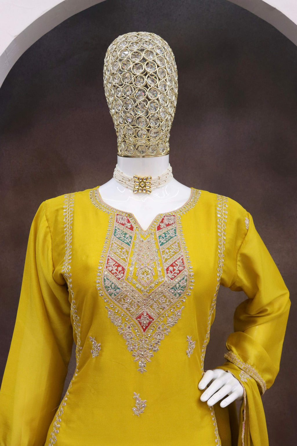 Anaita Yellow Heavy Chinon Readymade Suit with Embroidery & Sequence Work | Grocsy