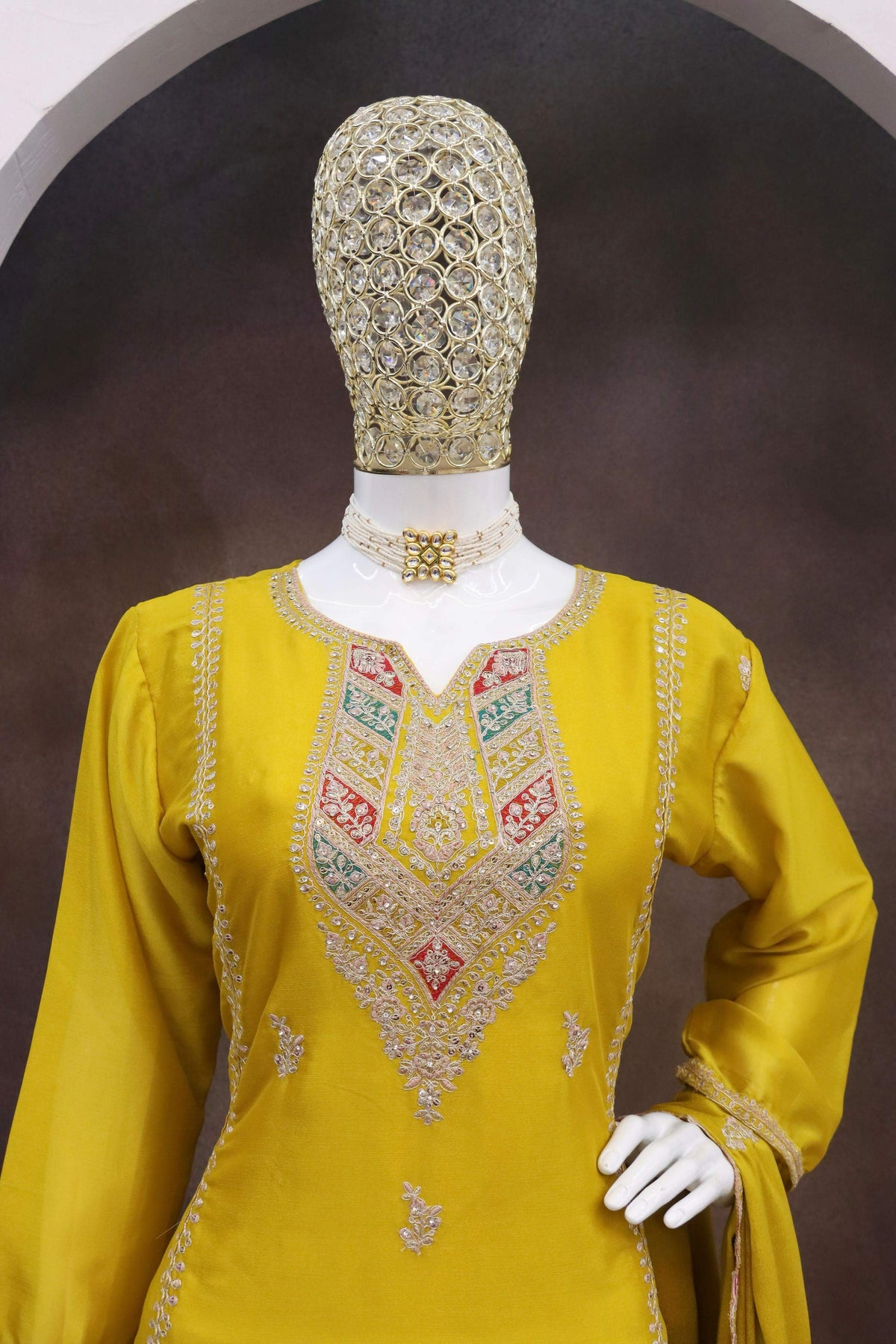 Anaita Yellow Heavy Chinon Readymade Suit with Embroidery & Sequence Work | Grocsy