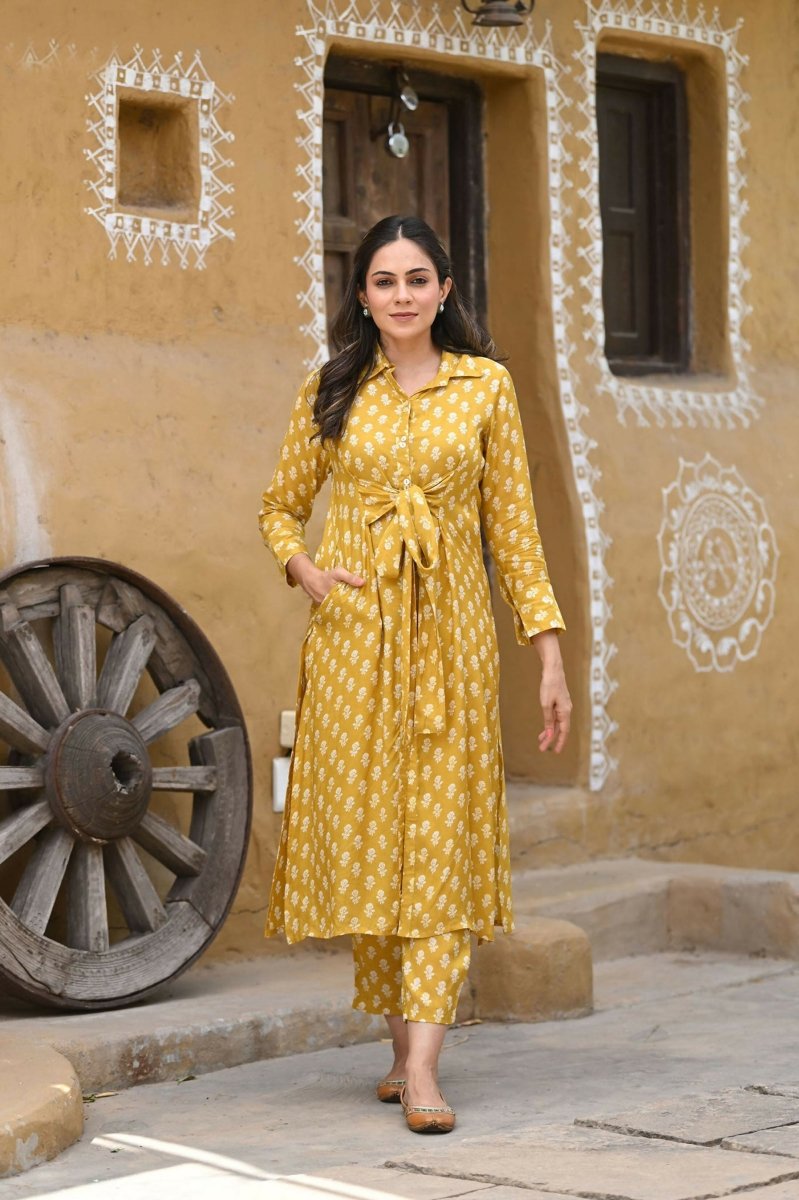 Aayaa Pure Muslin printed Kurti & Pant - Mustard yellow | Grocsy