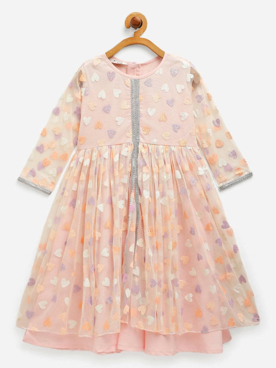 Ahalyaa Pink Net Glitter Print kids Dress For Girls | Grocsy