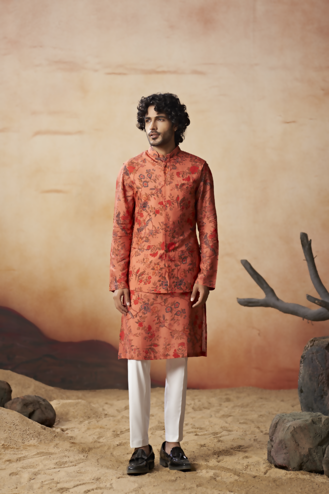 Floral Jal Print Silk Nehru Jacket Set by Hilo Design | Grocsy
