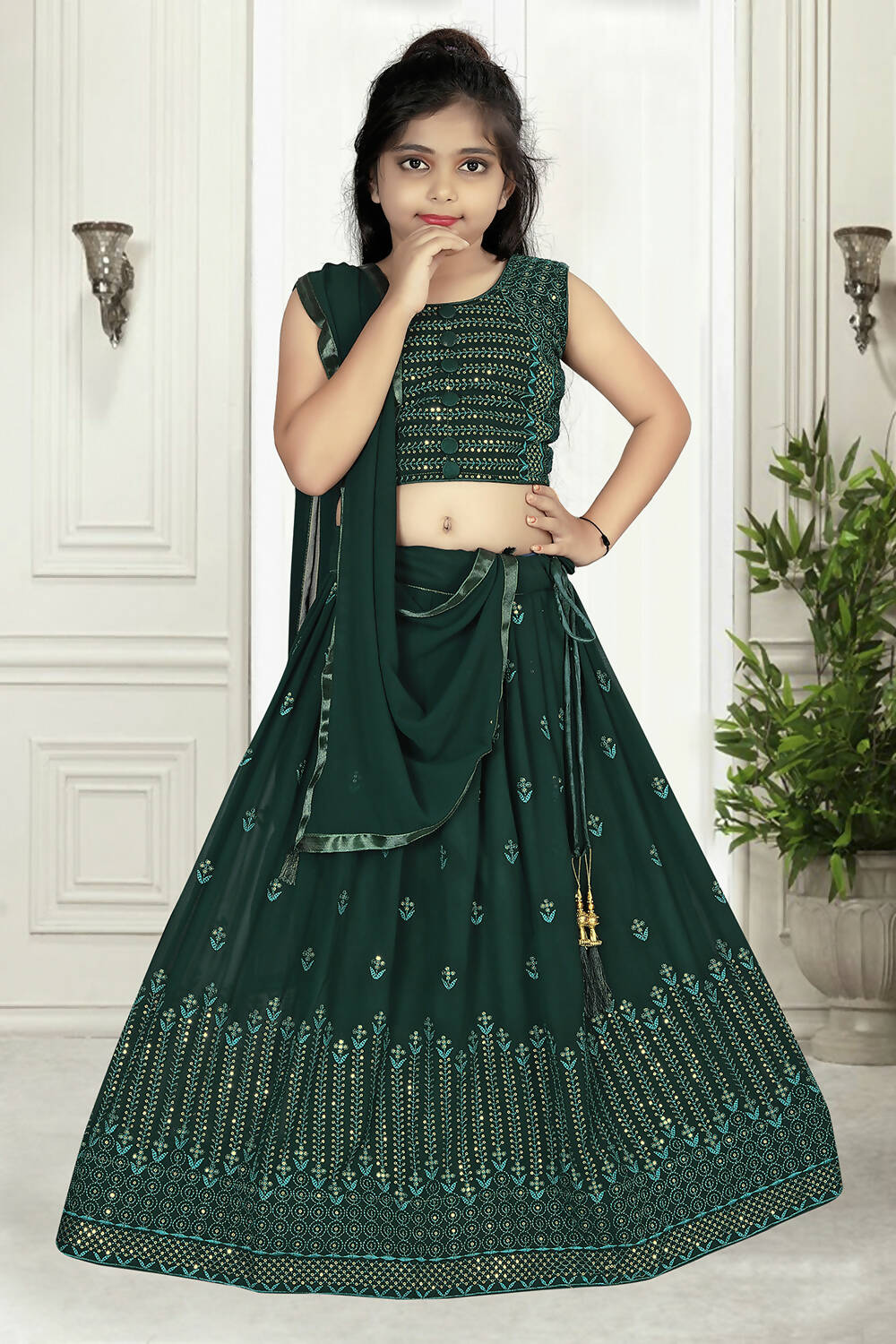 Wedding Designer Green Pure Georgette Kidswear Lehenga - Aaradhna | Grocsy
