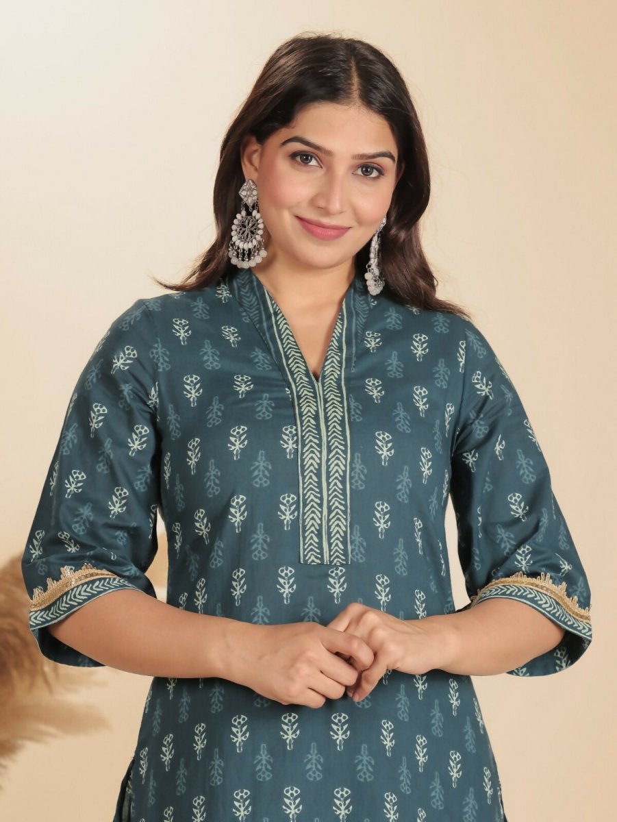 Aramya Blue Soft Cotton Block Print Straight Kurta Set for Women | Grocsy