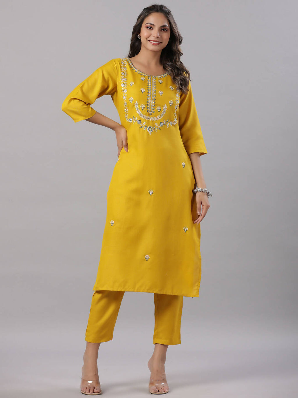 Juniper Women's Mustard Silk Zari Embroidered Kurta Pant Dupatta Set | Grocsy