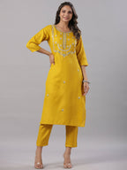 Juniper Women's Mustard Silk Zari Embroidered Kurta Pant Dupatta Set | Grocsy