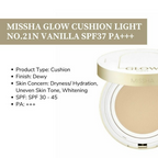 Missha Glow Cushion Light No.21N Vanilla SPF 37 PA+++ | Grocsy