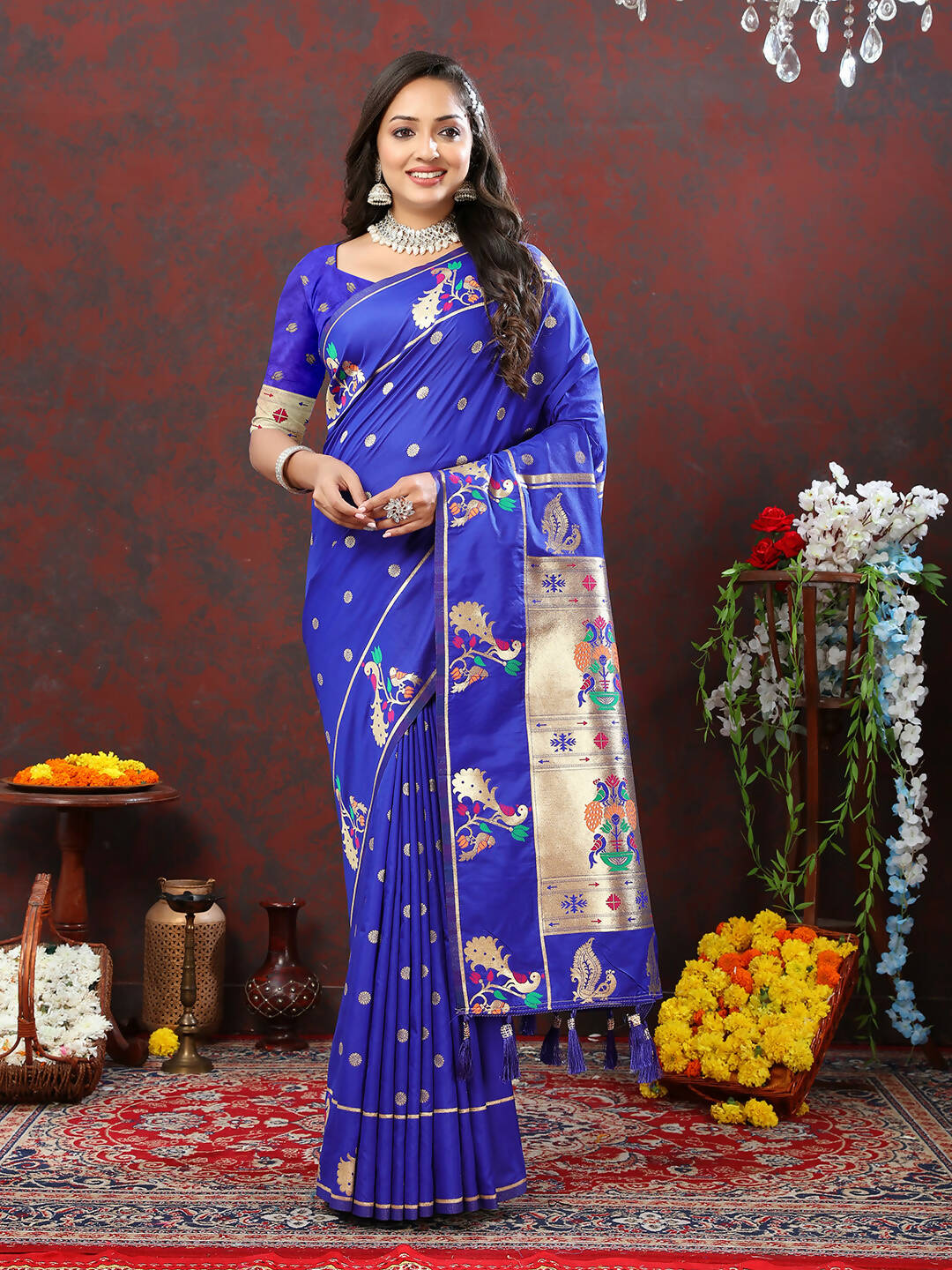 Lorenvalley Fashion Blue Soft Paithani Silk Woven Design Gold Zari Meenakari Weaving Saree | Grocsy