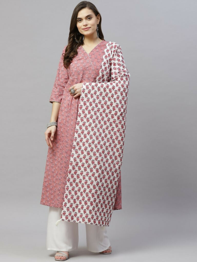 Miravan Women's Cotton Floral Print Anarkali Kurta With Dupatta | Grocsy