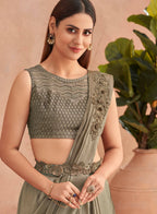 Green Satin Embroidered Ready To Wear Saree With Unstitched Blouse Piece - Nandika | Grocsy