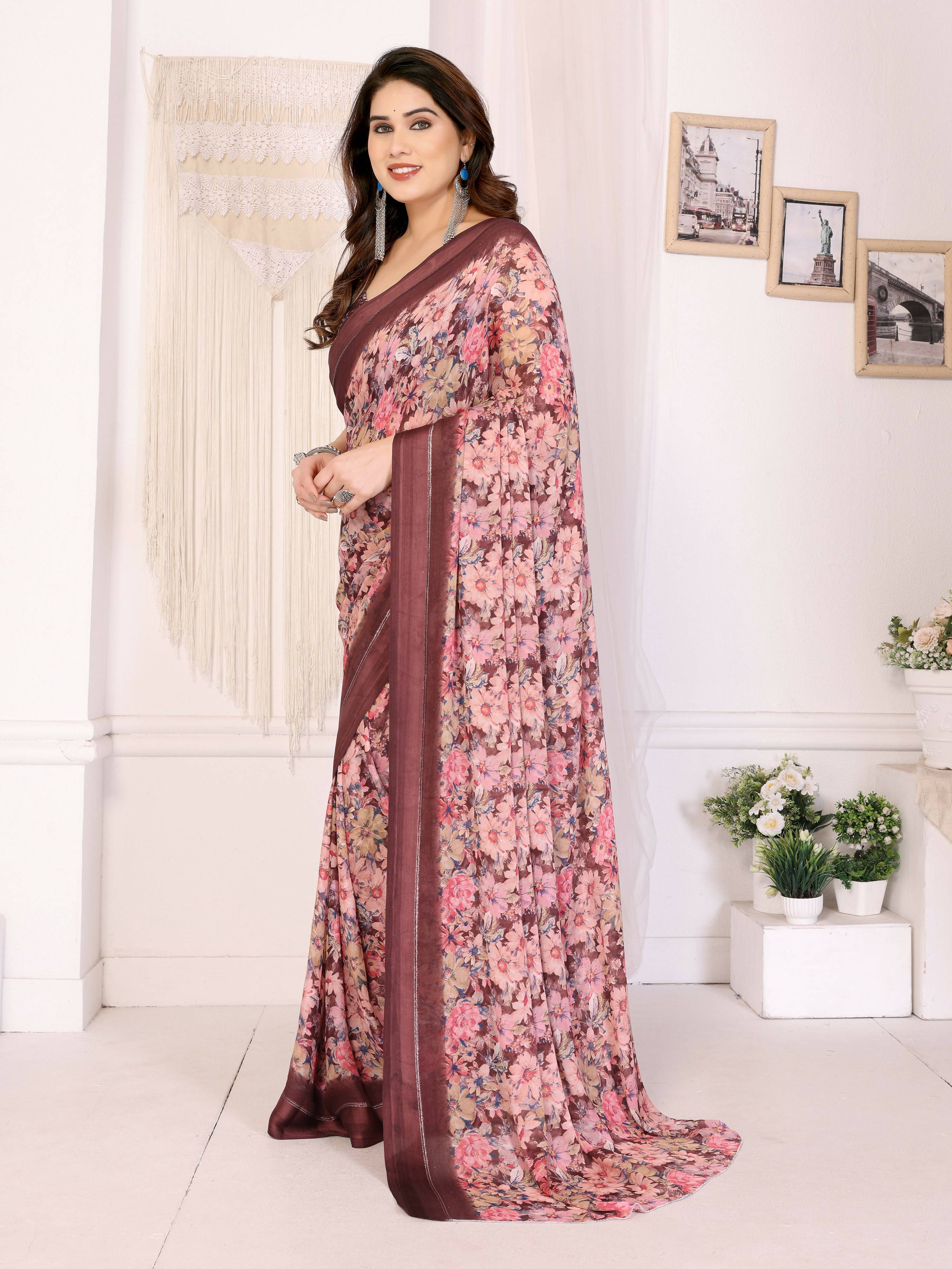 PR Fashion Maroon Bright Moss Satin Patta Printed Saree | Grocsy
