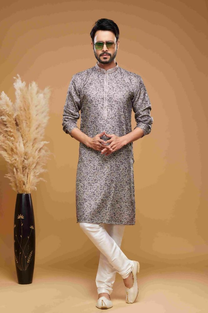 Raivat Ethnic Art Silk Digital Print Pintux Work Kurta Pajama In Grey Colour | Grocsy