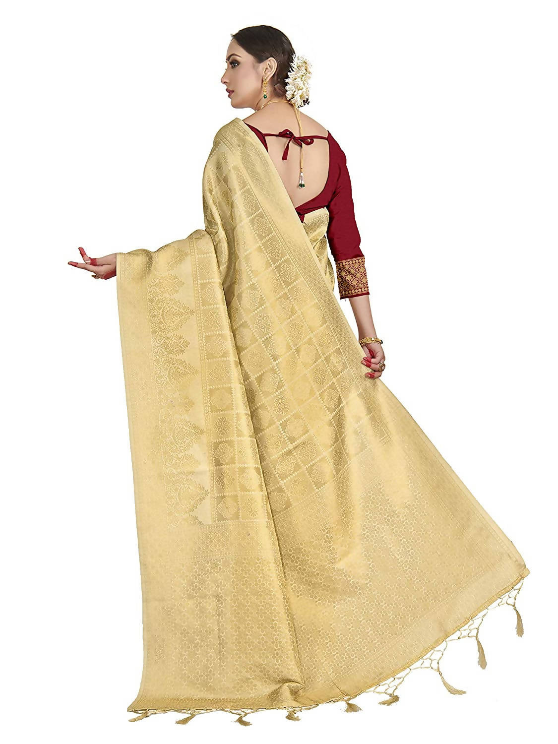 Vardha Women's Beige Kanchipuram Raw Silk Saree With Unstitched Blouse Piece | Grocsy