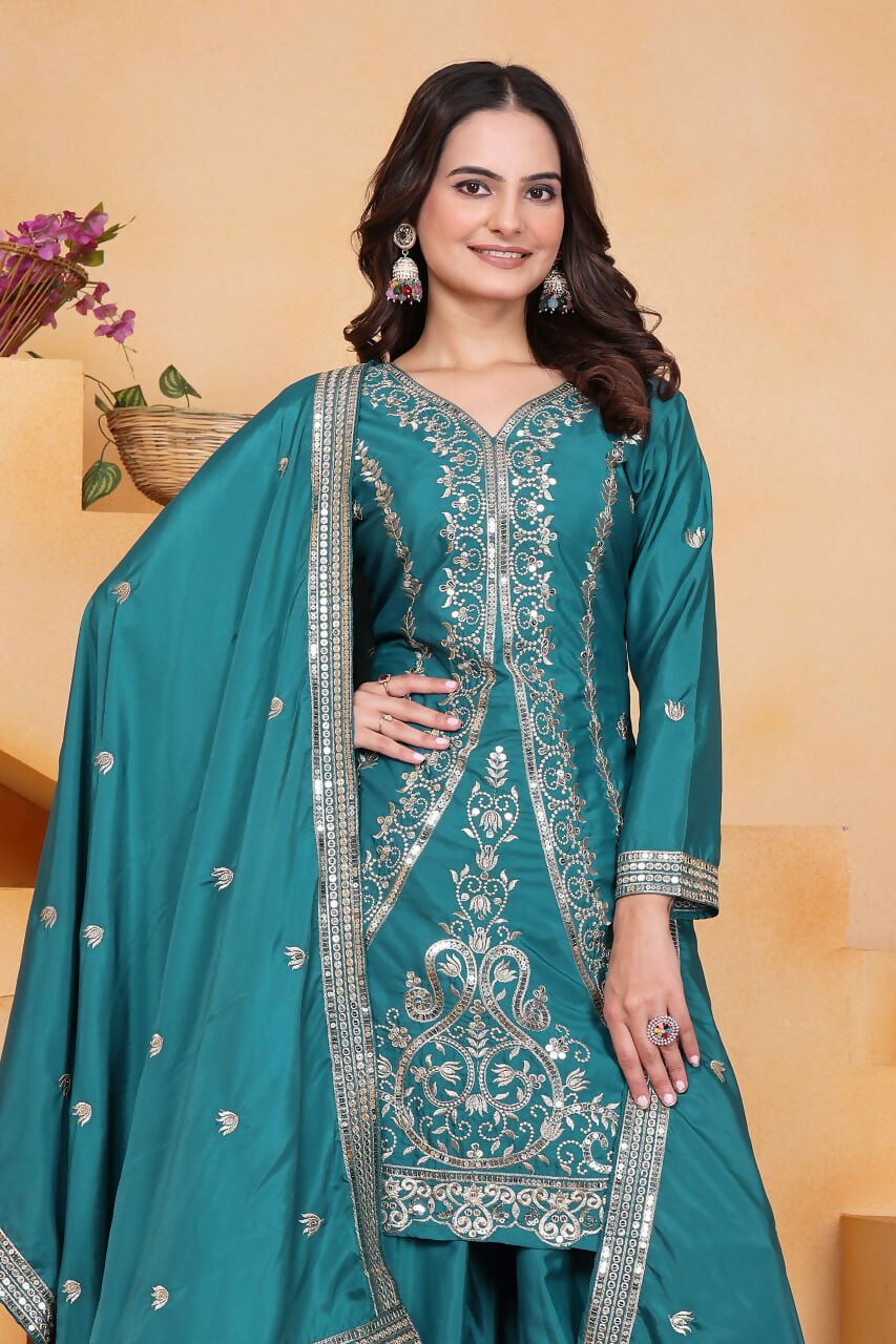 Teeya Creation Teal Color Natural Crepe Silk Wedding Wear Trending Palazzo Set | Grocsy