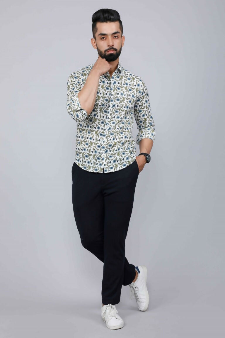 Miravan Men's White & Blue Floral Print Cotton Regular Fit Shirt | Grocsy