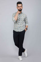 Miravan Men's White & Blue Floral Print Cotton Regular Fit Shirt | Grocsy